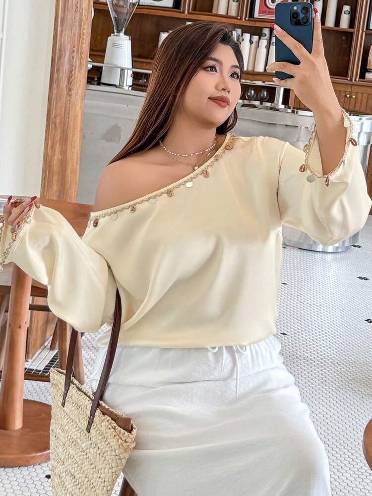 Dazy Plus 1pc Loose-Fit Solid Color Asymmetircal Neck Shell Decor Long Sleeve Blouse