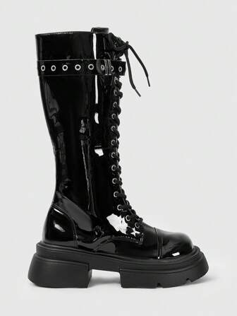 Grunge Punk Women Y2K Punk Gothic High Heel Thick Sole Lace-Up Motorcycle Ankle Boots