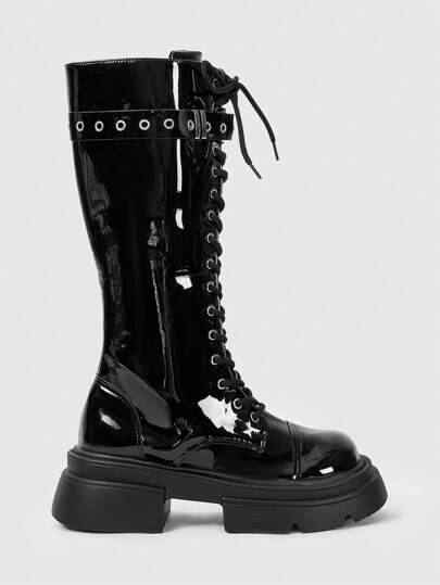 Grunge Punk Stivali da motociclista alla caviglia da donna in stile Y2K punk e gotico, con tacco alto e suola spessa, stringati, adatti per Ognissanti