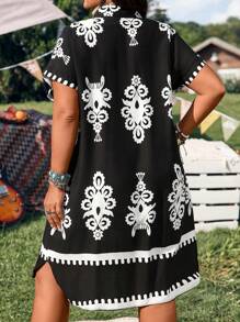 EMERY ROSE Plus Size Raglan Sleeve Casual Open Front Collar Curved Hem Ladies Dress With Pockets, Unique Linen Blend Music Festival Boho Print, Suitable For Spring/Summer Country Music Music Festival Bohemian Vacation Dresses Casual - Black and White - View 2