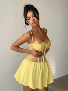 Aloruh Women Contrast Lace Ruffle Hem Sexy Cami Mini Dress,Club Outfits Women Sexy - Yellow - View 4