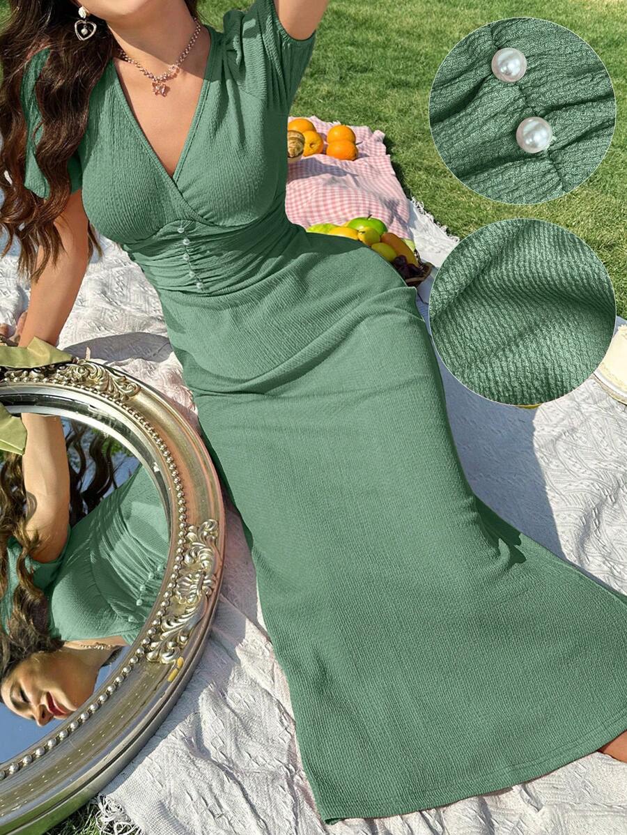 Modelyn Women's Casual Solid Color Short Sleeve Dress, Summer - Green - View 1