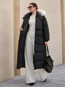 CLARA VERO Premium Quality, Contrast Fur Detailed Puffer Winter Coat - Black - View 8