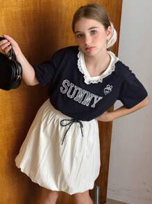 DAZY 青少年女孩夏季字母印花 V 领短袖 T 恤和迷你裙休闲两件套 - 藏蓝色 - 查看 4
