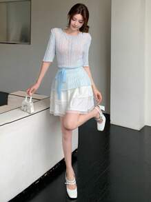 DAZY Women's Contrast Color Crochet Hollow Out Lace Mesh Pullover Short Sleeve Knitted Top With Tie Details, Spring/Summer - Blue - View 4