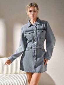 CLARA VERO 女士休闲通勤水洗牛仔连衣裙 - 灰色 - 查看 1