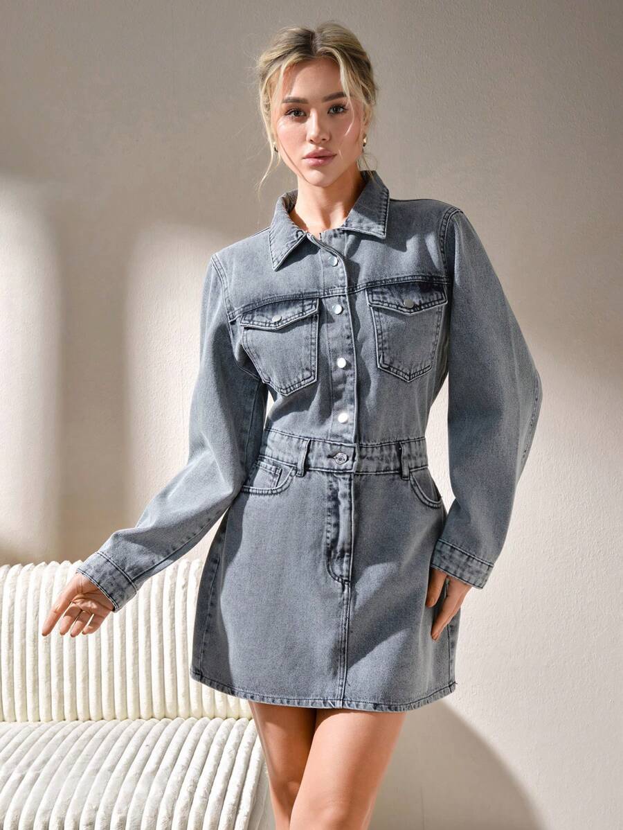 CLARA VERO 女士休闲通勤水洗牛仔连衣裙 - 灰色 - 查看 1