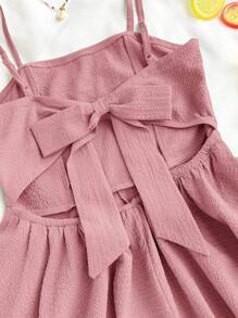 SHEIN Teen Girls' Chiffon Textured Bubble Layered Ruffle Cinched Waist Romper Jumpsuit, Pink, Casual For Spring & Summer - Pink - View 5