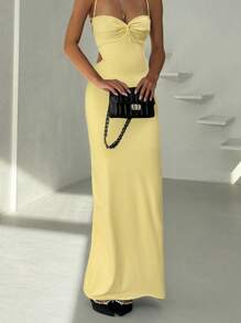 Aloruh Women's Sexy Solid Color Open Back Dress, Summer Butter Yellow Dress,Bodycon Dress - Yellow - View 4