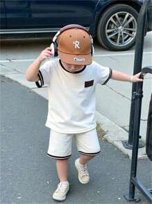 SHEIN Explorewe 2pcs/Set Young Boy Striped Crew Neck Short Sleeve Shirt & Shorts, Casual Outfit - White - View 8
