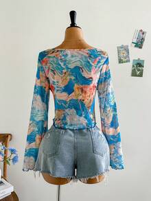 Dreamara 大码女式度假毕业返校秋季度假扎染花卉印花系带长袖牛仔嬉皮上衣夏季波西米亚风上衣 - 彩色 - 查看 2