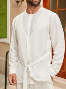 SIGLOCORE Men's Loose Design Tie-Up Long Sleeve Shirt With Layered Look, Spring/Summer Men Resort Wear - White - View 5