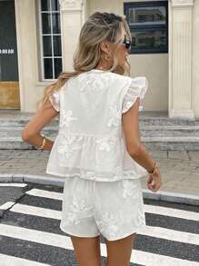 Serisse 2件套女士度假休闲提花系带上衣和短裤套装 - 杏色 - 查看 2