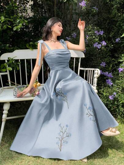 Feyla Women's Elegant Floral Embroidery Ruched Bodice Knot Shoulder Dress, Summer