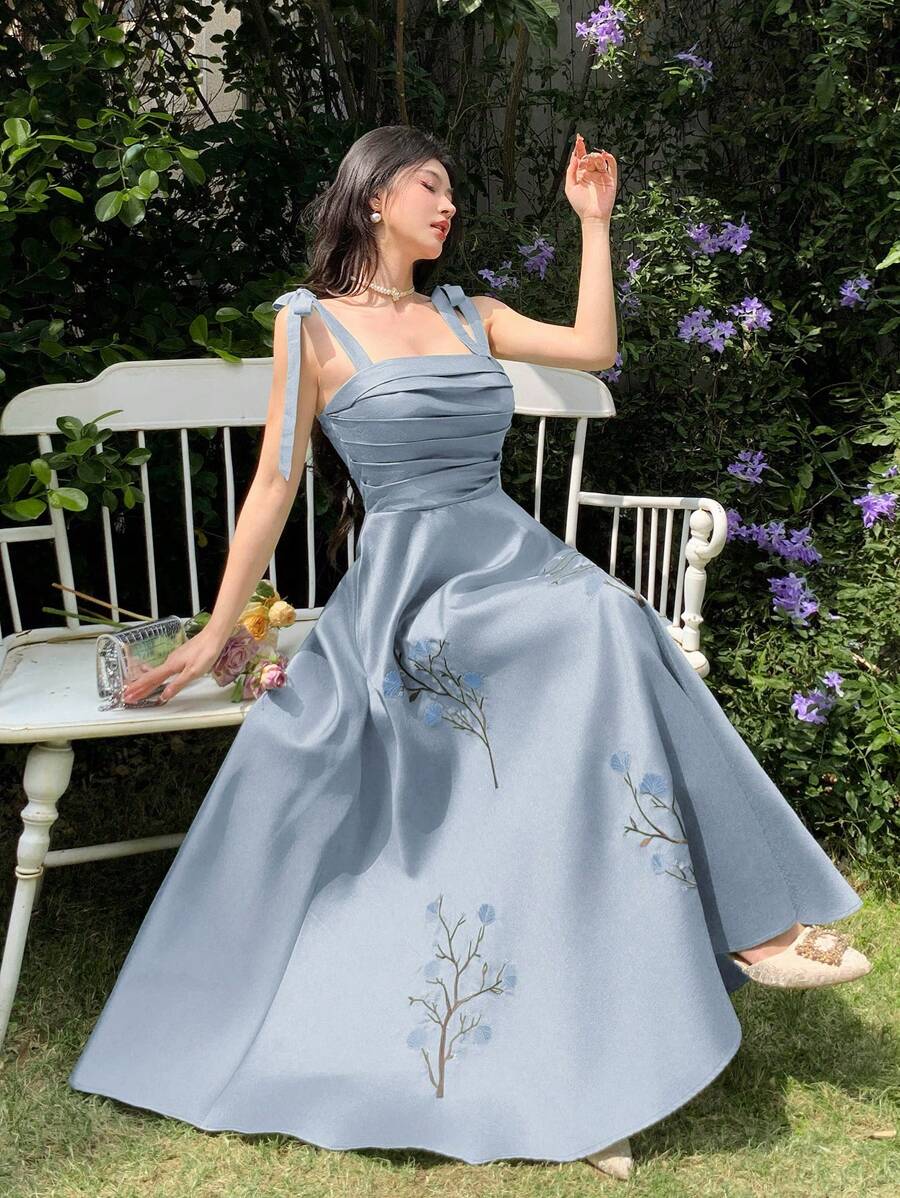 Feyla Women's Elegant Floral Embroidery Ruched Bodice Knot Shoulder Dress, Summer