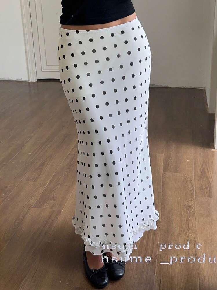 SHEIN EZwear Femmes Jupe longue en mousseline de soie décontractée avec imprimé à pois blancs et graphiques, avec volants à l'ourlet, été, sortie - Noir et Blanc - Voir 1