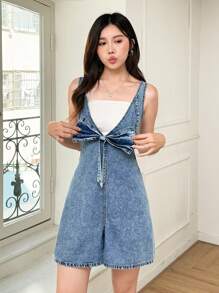 SHEIN MOD 夏季女式无袖蝴蝶结V领休闲牛仔连体衣女式夏季服装 - 藍色 - 查看 3