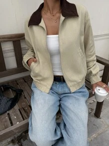 SHEIN EZwear Áo khoác dài tay trễ vai dệt màu cho nữ có khóa kéo phía trước - Màu Khaki - Xem 6