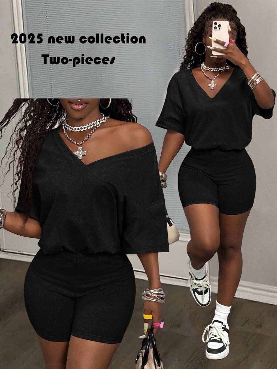 Slaydiva 2025 Summer New Casual Street Light Green Imitation Snowflake Fabric V-Neck Loose T-Shirt + High Waist Slim Cycling Shorts, Suitable For Daily Outings, Music Festivals, Easter, Graduation Season, Fitness, Parties-B