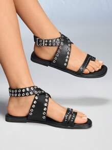 CUCCOO GRLICON Sandalias planas para mujer, estilo punk Y2K con vibra de motocicleta, moda de verano