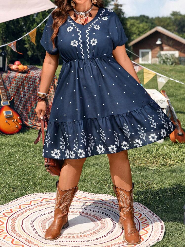 Plus Size V-Neck All-Over Print Sleeveless Dress, Summer,Beach Outfits For Woman,For Summer Holiday,Summer Tops,Country Concert Outfit, Women,Bohemian Clothes,Vacation Outfits,Western Wear Women,Summer Dresses For Women