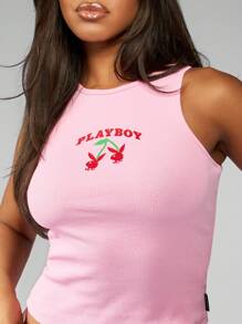 Missguided x Playboy Áo tank top cotton gân sọc họa tiết quả anh đào, không tay, dáng ngắn, thích hợp cho tập luyện thể thao, tập gym, đi nghỉ mát, phong cách Y2K, thời trang đường phố. - Hồng - Xem 6
