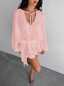 Aloruh Women's Glitter Lantern Sleeve Loose Drawstring Ruched Multi-Layered Ruffle Hem Mini Romantic Fairy Chiffon Dress