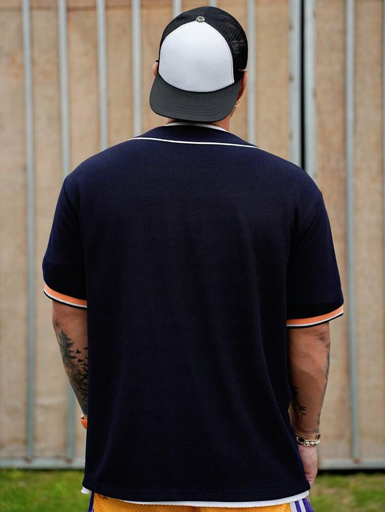 Summer Decoration Striped Collegiate Style Navy Blue Men's Shirt Business Attire