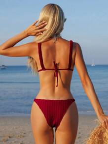 Swim Mod Bộ đồ bơi hai mảnh Springbreak Plain Textured có miếng đệm có thể tháo rời và thiết kế xếp ly - Đỏ - Xem 2