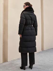 CLARA VERO Women's Solid Faux Fur Detailed Elegant Midi Winter Coat - Black - View 2