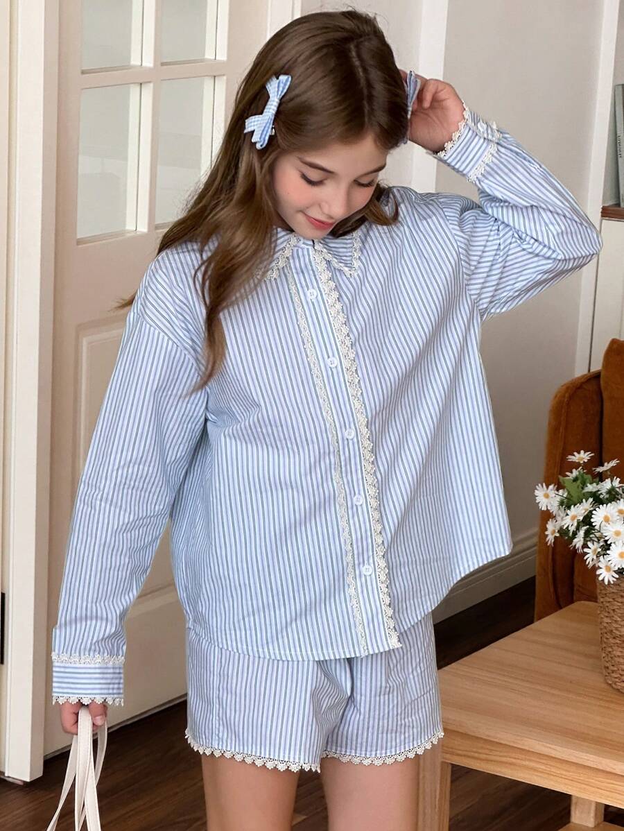 DAZY 2pcs/Set Tween Girls Lace Patchwork Stripe Print Long Sleeve Top And Shorts Set - Blue - View 1