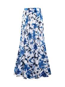 Swim Oasis Plus Size Women 2 Pieces High-End "Oasis" Set: V-Neck One-Piece Swimsuit With Blue & White Floral Print, Paired With Matching Floral Print Maxi Skirt, Suitable For Summer Beach Vacation