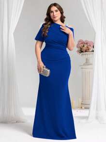 Coutiva فستان سهرة رسمي بأكمام قصيرة لون أحادي، موضة الصيف لكامل الحجم - أزرق غامق - مشاهدة 7