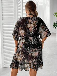 SHEIN CURVE+ Plus Floral Print Tie Front Ruffle Hem Cover Up Without Bikini Set Summer Beach Outfits For Woman/Beach Dress/Beach Vacation Outfits/Beach Essentials / Graduation/Tea Party Dress Summer/Country/Beach Vacation Outfits/Beach Outfits/Beach Wear/Women Summer Clothes Curve Summer Dress Plus Size Summer Dresses Curve Summer Outfits Plus Size Floral Dress Summer Dress For Curves, Country Concert Outfit - Multicolor - View 2