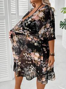 SHEIN CURVE+ Plus Floral Print Tie Front Ruffle Hem Cover Up Without Bikini Set Summer Beach Outfits For Woman/Beach Dress/Beach Vacation Outfits/Beach Essentials / Graduation/Tea Party Dress Summer/Country/Beach Vacation Outfits/Beach Outfits/Beach Wear/Women Summer Clothes Curve Summer Dress Plus Size Summer Dresses Curve Summer Outfits Plus Size Floral Dress Summer Dress For Curves, Country Concert Outfit - Multicolor - View 6