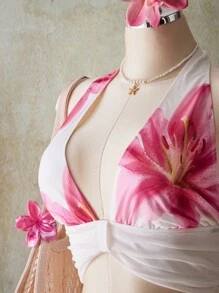 SHEIN ICON 加大码女式 Y2k 外出度假花卉印花露背短款上衣和低腰花卉印花迷你裙套装，夏威夷伊比沙岛风情装