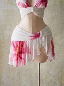 SHEIN ICON 加大码女式 Y2k 外出度假花卉印花露背短款上衣和低腰花卉印花迷你裙套装，夏威夷伊比沙岛风情装