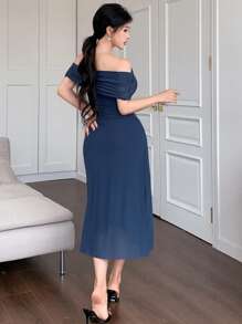 DAZY Women's Off-Shoulder Mesh Summer Dress Prom Dress Elegant Women Dresses - Blue - View 3