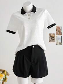 SHEIN LUNE 2pcs/Set Women Color Block Short Sleeve Top And Solid Color Shorts - Black and White - View 1