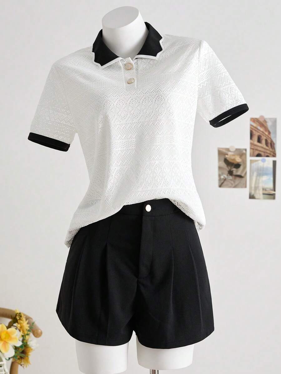 SHEIN LUNE 2pcs/Set Women Color Block Short Sleeve Top And Solid Color Shorts - Black and White - View 1