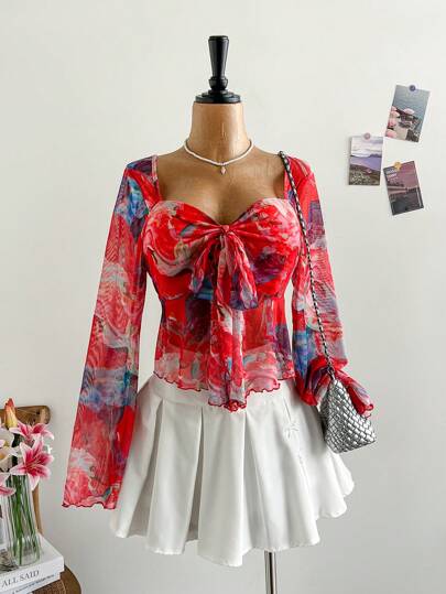 Soleia 大码女式度假毕业返校秋季扎染花卉印花方领系带长袖可爱花朵上衣