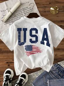 Women Letter & American Flag Graphic Round Neck Short Sleeve T-Shirt