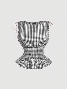 SHEIN MOD 女士格子无袖收腰背心，适合7月4日、夏季、海滩、西部风格、外出穿着，返校季必备 - 黑與白 - 查看 1