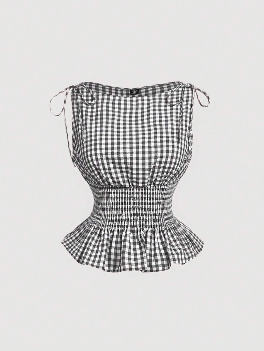 SHEIN MOD 女士格子无袖收腰背心，适合7月4日、夏季、海滩、西部风格、外出穿着，返校季必备 - 黑與白 - 查看 1