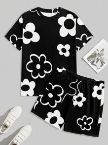 Manfinity Homme Men's Summer Casual Floral Print T-Shirt And Shorts Set Men 2 Pieces Outfits Summer, Cozy Outfits