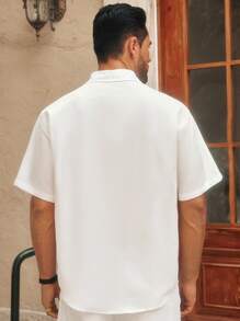 HIMLAND Áo sơ mi tay ngắn lưới trong suốt viền ren trắng giản dị dành cho nam, phù hợp cho mùa hè - trắng - Xem 4