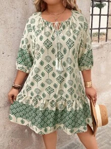 EMERY ROSE 大码时尚波西米亚风流苏七分袖休闲直筒连衣裙 - 杏色 - 查看 1