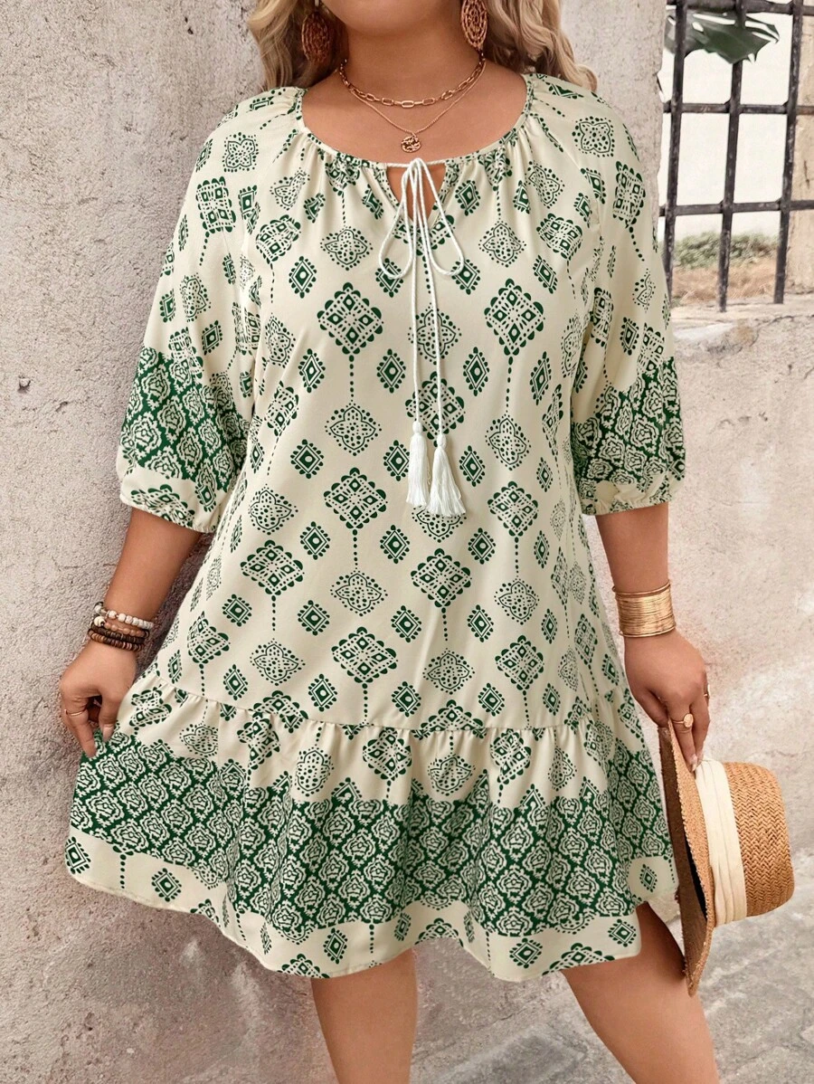 EMERY ROSE 大码时尚波西米亚风流苏七分袖休闲直筒连衣裙 - 杏色 - 查看 1