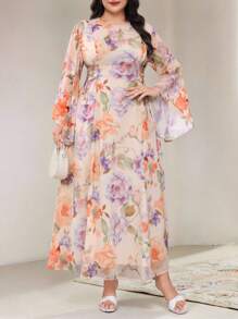 Veilorie Plus Size Elegant Floral Print Flare Sleeve Dress - Apricot - View 8