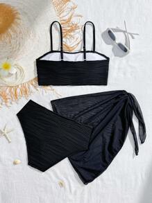 SHEIN Tween Girl Summer Beach Vacation Style Shell & Starfish Pattern Braided Bandeau Bikini Set Summer Holiday - Black - View 2